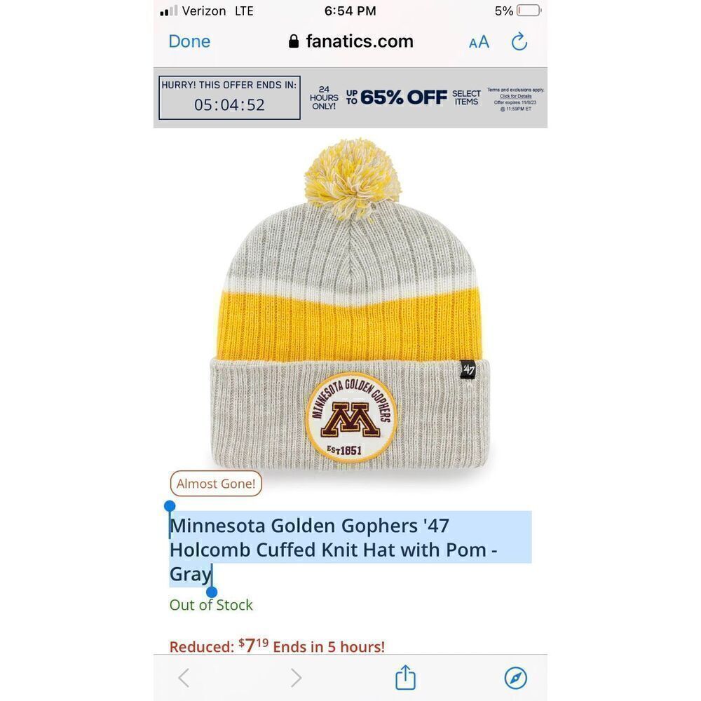 Minnesota Golden Gophers '47 Holcomb Cuffed Knit Hat with Pom - Gray New